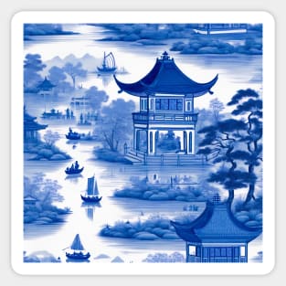 Blue and white chinoiserie with pagodas and boats Sticker